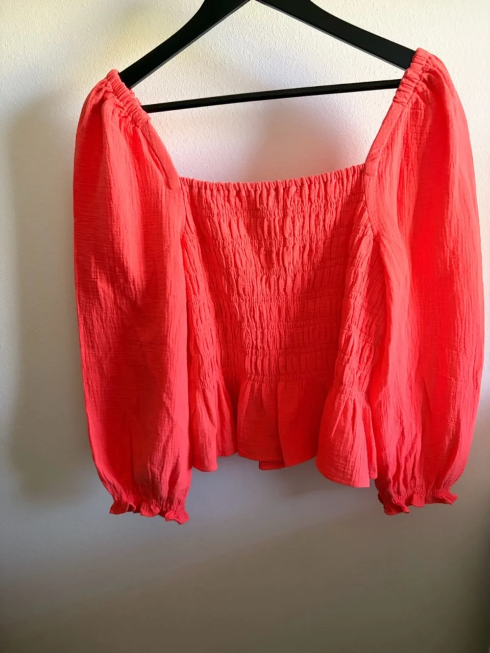 J. Crew Coral Pink Smocked Square-Neck Blouse